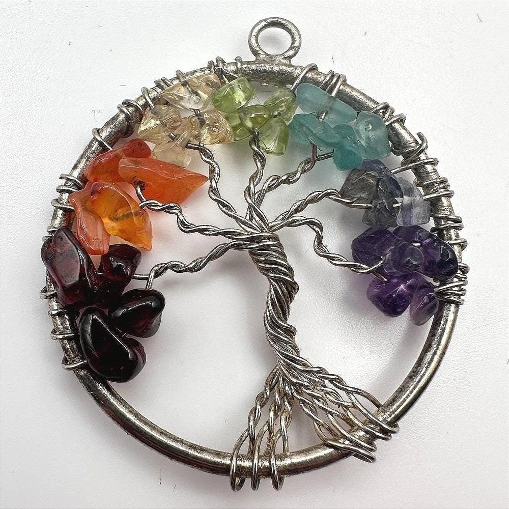 Vintage 90s Silver Tone Tree of‎ Life Pendant Beaded Women's Classic Jewelry